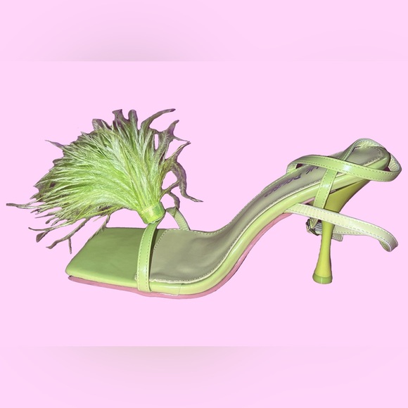 Neon Green Fluffy Feather Ankle Straps Heels - Picture 6 of 7